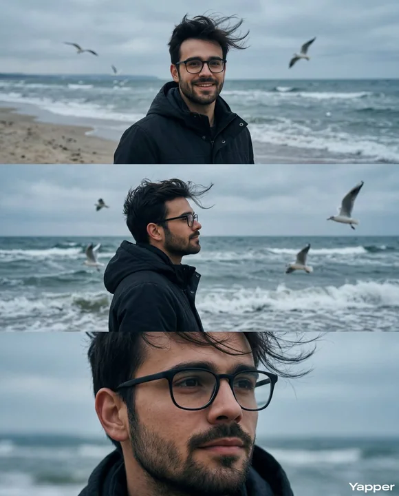 Cinematic triptych portraits amidst biting sea breezes.
