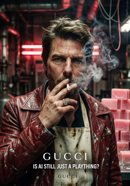 Industrial-style Tom Cruise holding a cigarette, exuding Gucci manly charm.