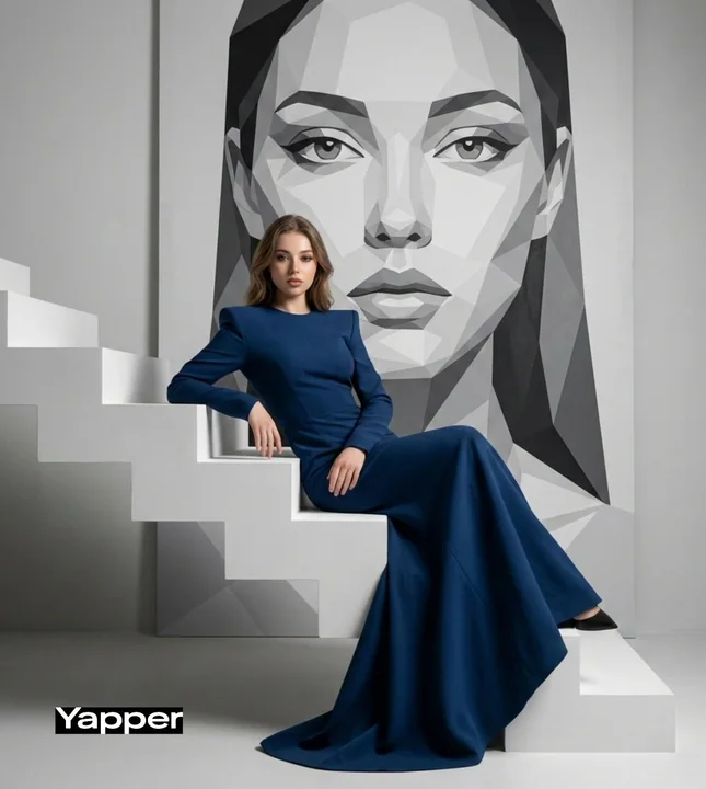 Portrait of Geometric Aesthetics in Deep Blue Bespoke Gowns