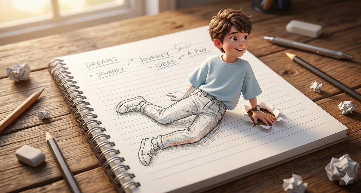 Pixar-style boy stepping out of a notebook.