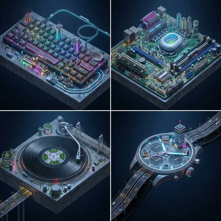 Cyberpunk-style miniature cityscape items