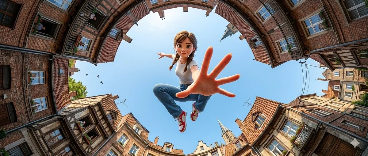 Une adolescente aux allures Pixar qui saute, capturée par un objectif grand-angle (type œil de poisson).
