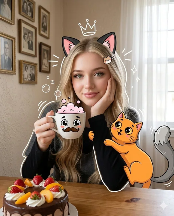 Afternoon with the dreamy girl and the cute cartoon kitten