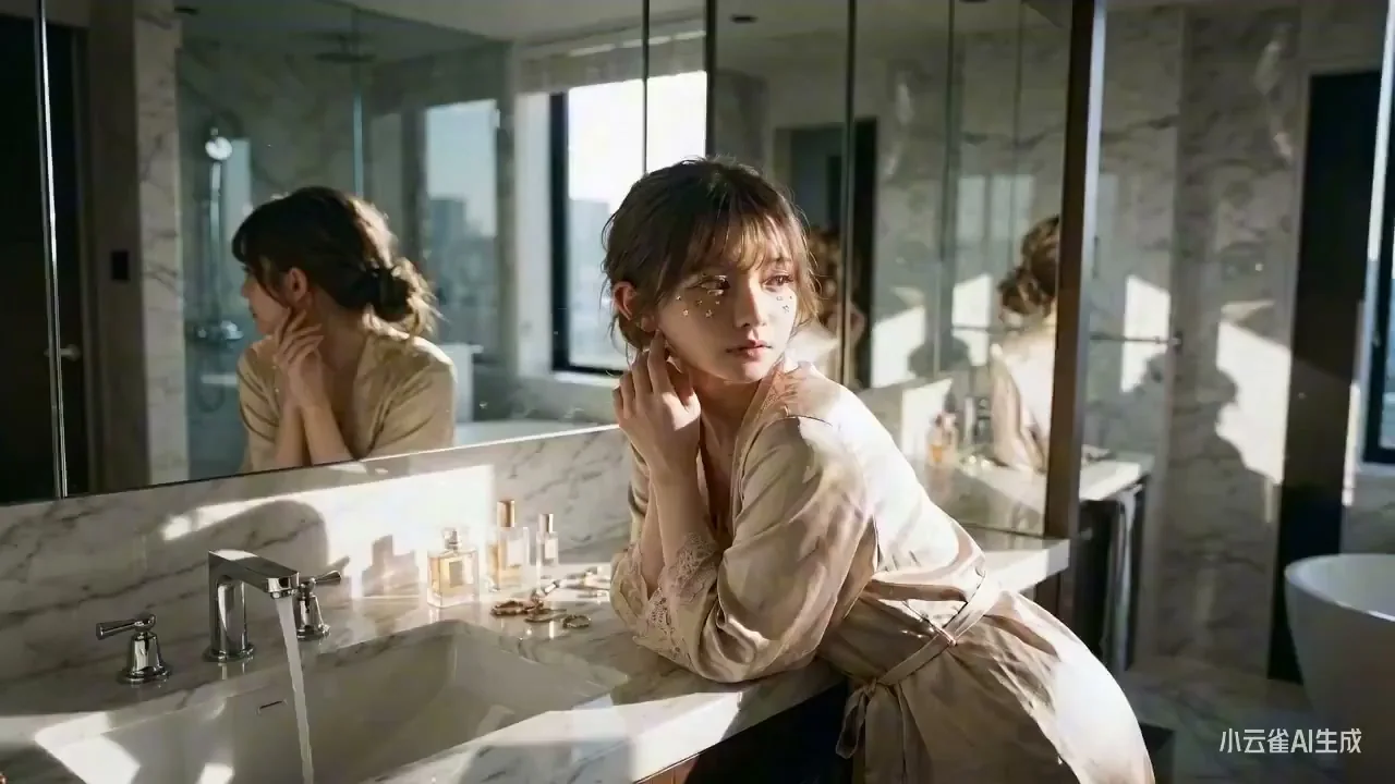 Elegant Lady Grooming in the Bathroom Under Afternoon Sunlight