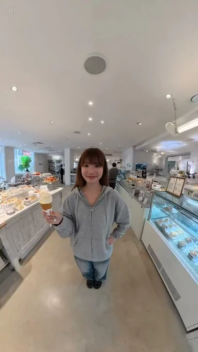 デザート店の全景を回転しながらセルフィーで百変のスタイリングショー
