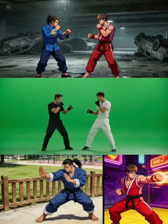 Intense special effects martial arts showdown in an abandoned parking lot