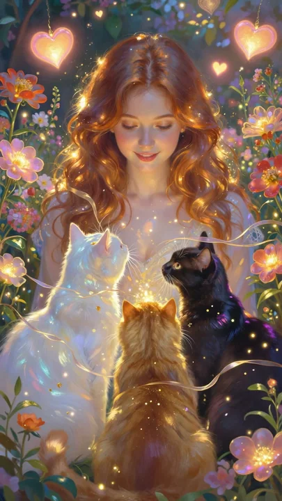 فتاة شعرها أحمر في حديقة عيد الحب المُتخيّل مع ثلاث قطط