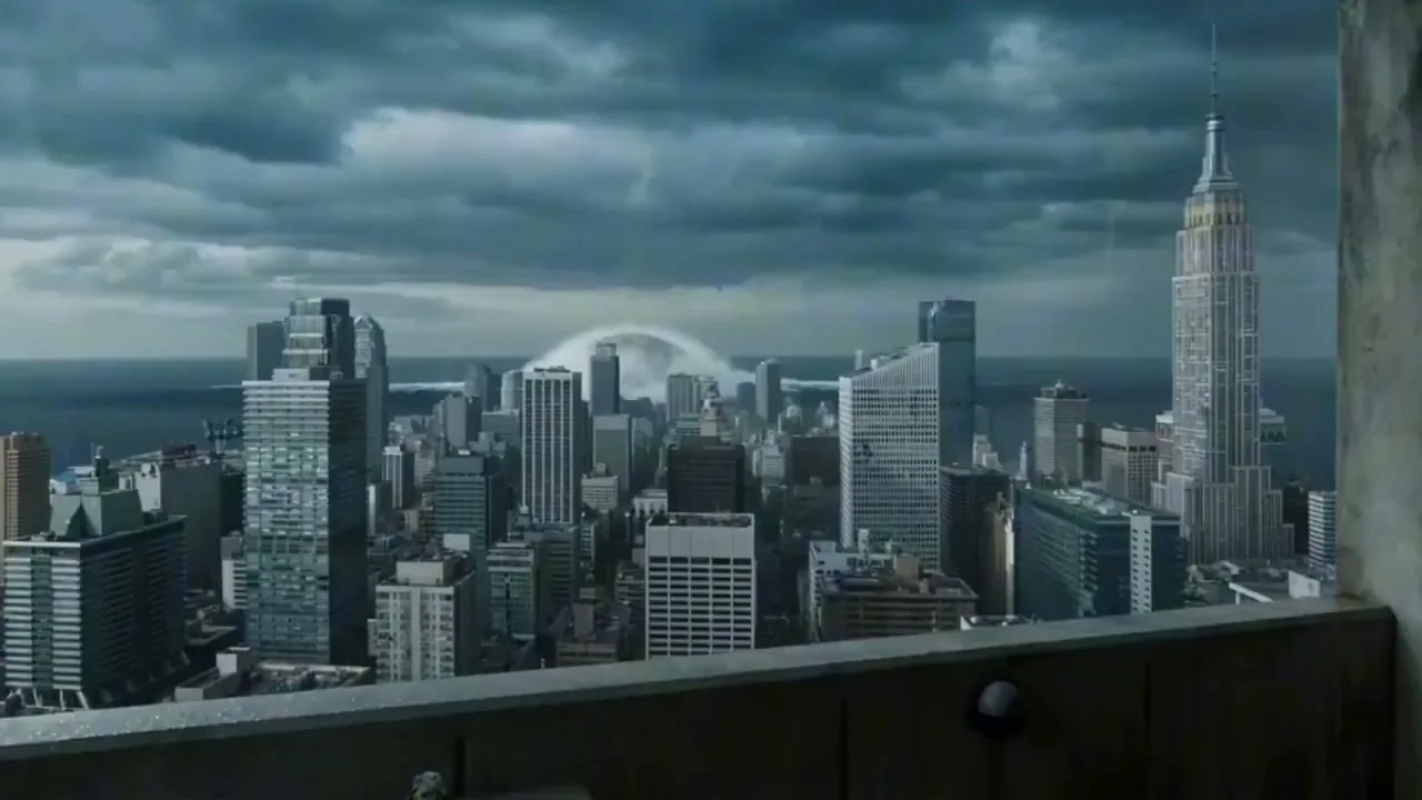 La sphère d'âme colorée percute les océans sombres et se dirige vers la ville.