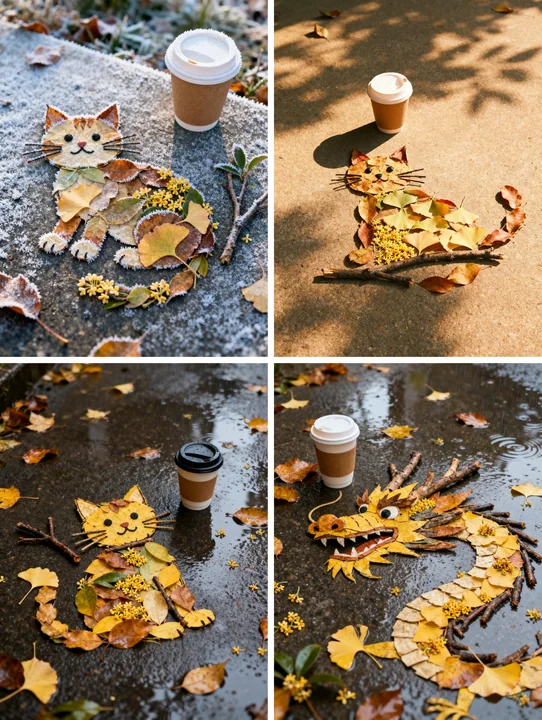 秋の落ち葉が模様を作っている