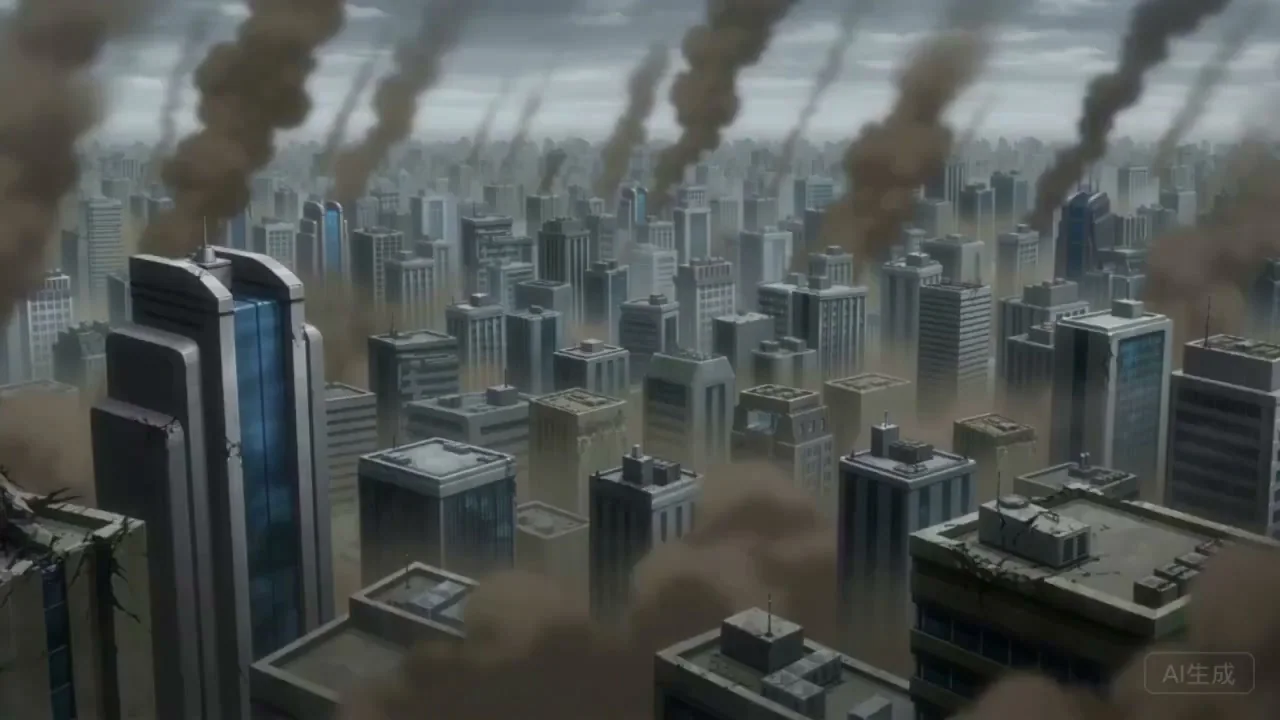 Bataille transmédia animée dans la ville futuriste des ruines