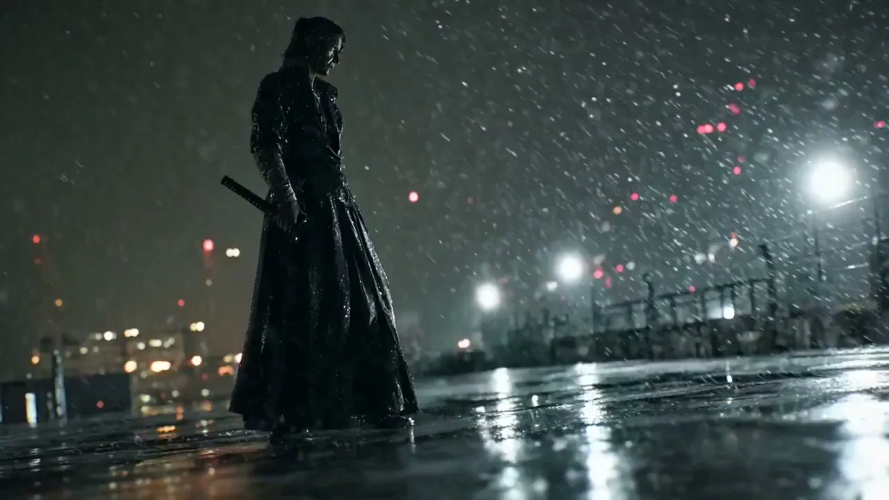 Red-Cloaked Blade Standing on the Roof During the Blizzards Night