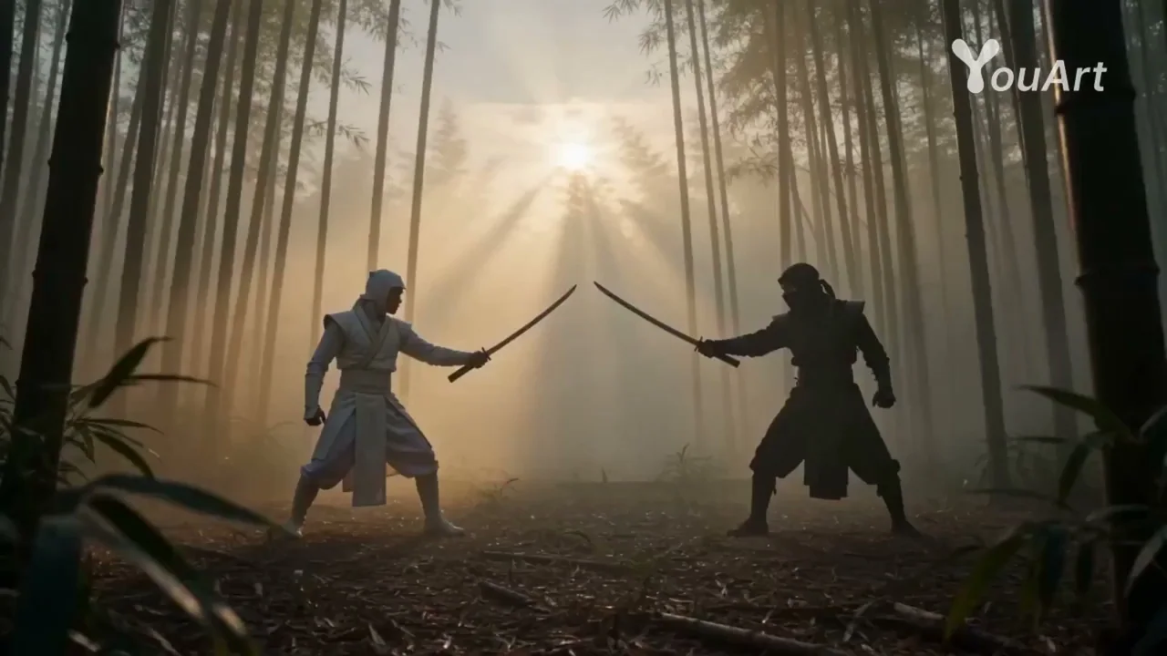 The epic showdown between a black-and-white ninja deep within the bamboo forest.