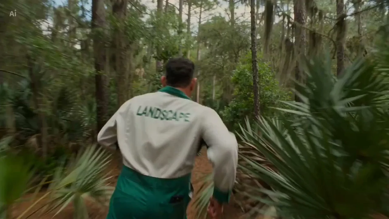 Jardinier en fuite à travers la forêt, monte sur une fusée