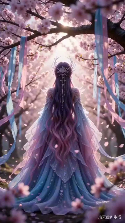Fées du pêcher en robe pourpre et rose dansant dans un ballet lumineux