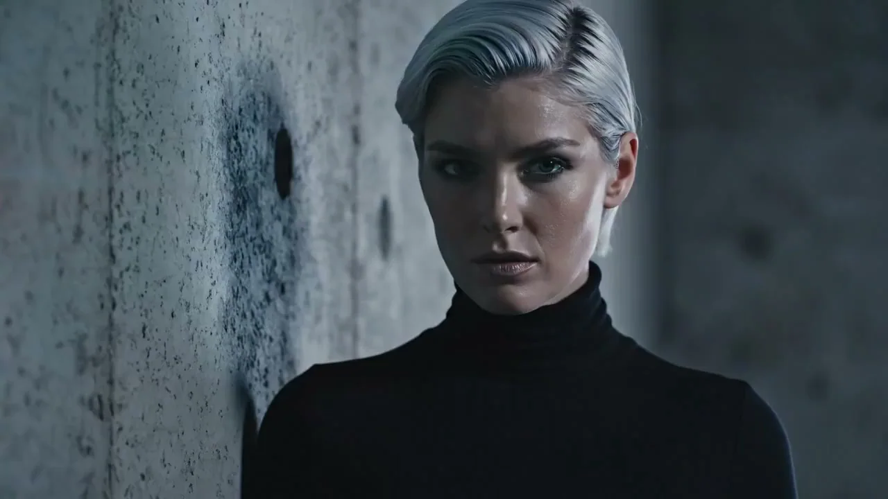 Cyberpunk-style close-up of a silver-haired woman with red light scanning her eyes.