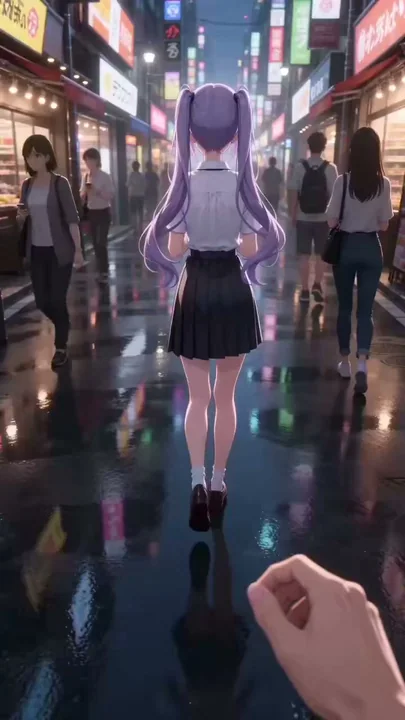 A purple-haired woman glances back at a warm-colored street corner.