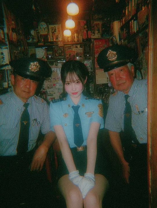 Beautiful light blue police uniform Japanese woman