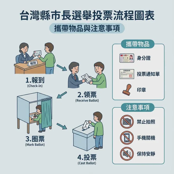 插画风格台湾县市市长选举投票指南流程图解