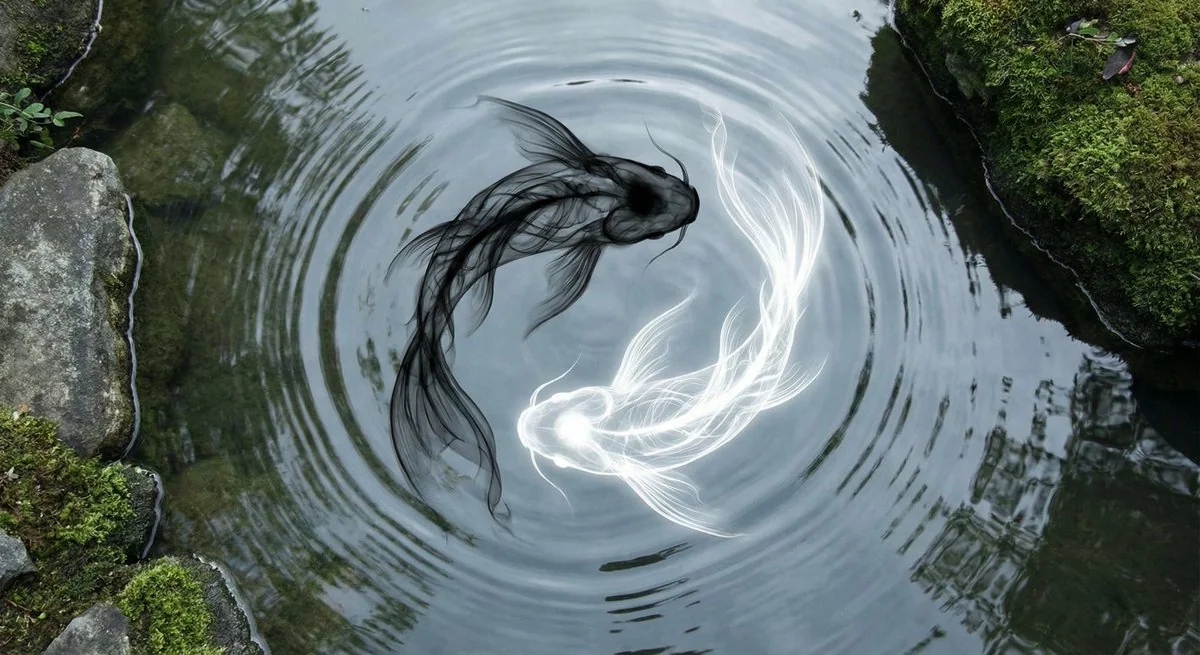 Shadow and light ink wash carp dancing with Zen Tai Chi diagram