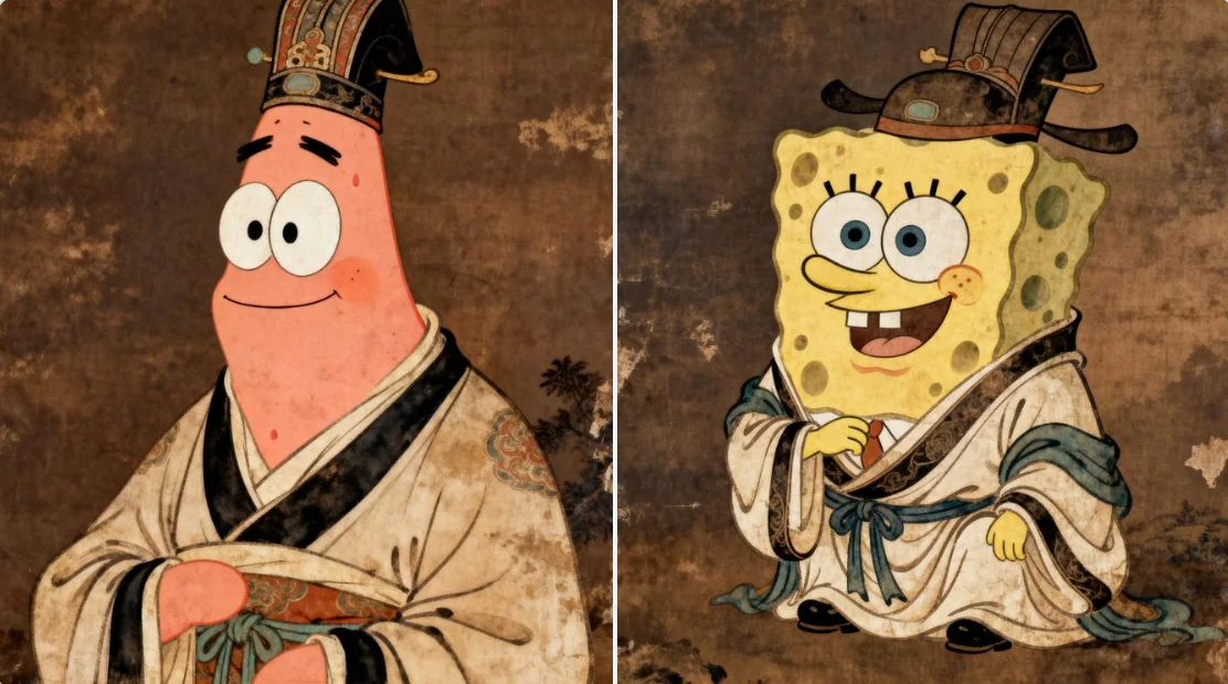 古代の衣装を着たパディントンとスpongeボブ