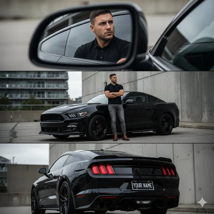 Three views of a person and a car