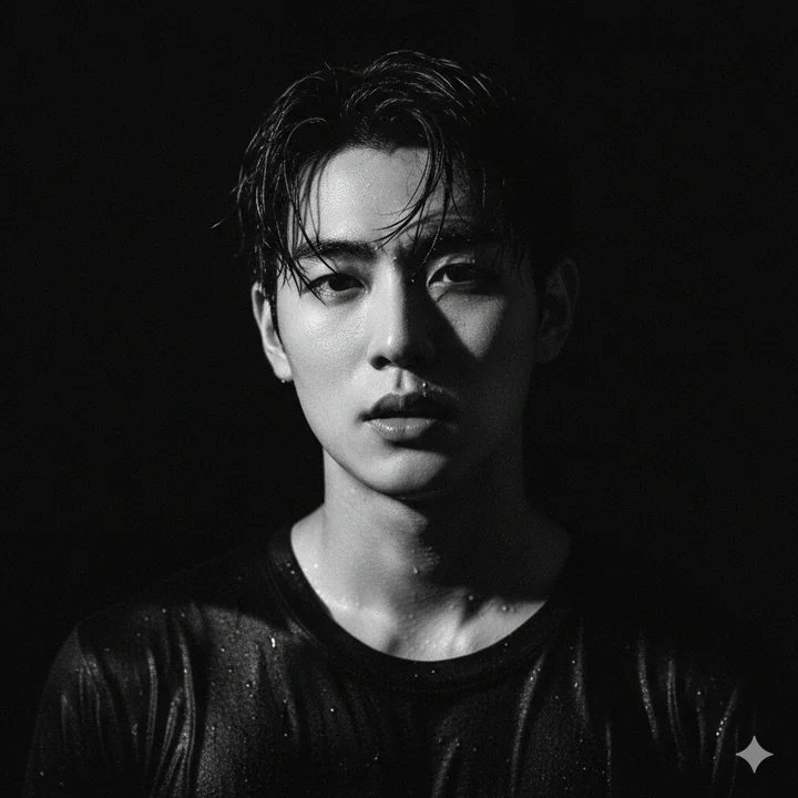 A high-drama black and white close-up portrait