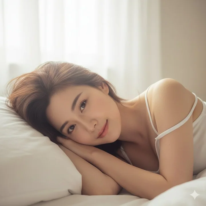 A girl with sleepy eyes on a white pillow