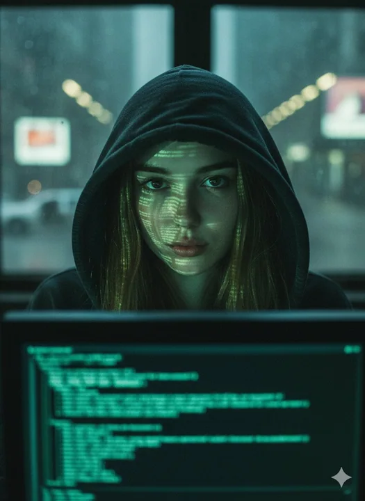 若い女性のダークなフード付きジャケットを着たアップリケポートレート