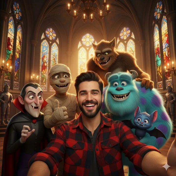 Selfie-style photo surrounded by several animals