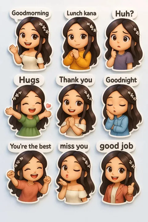 Nine different Q-style stickers with various clothing, poses, and expressions.