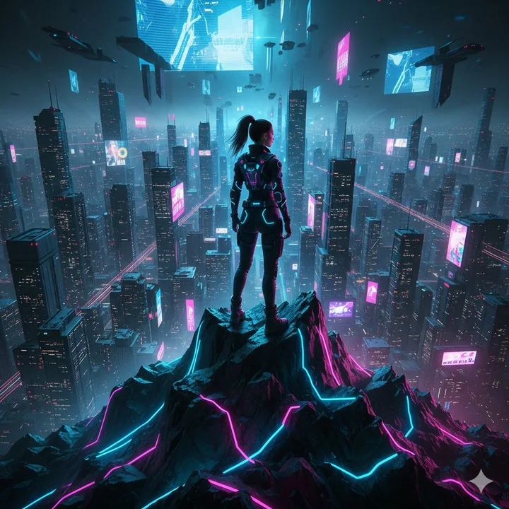 A girl stands atop the cybernetic peak, gazing down at the dazzling neon world.