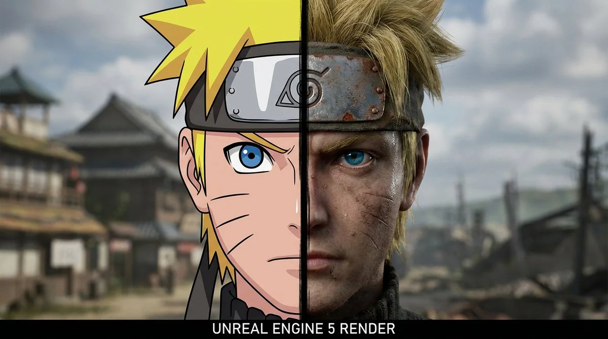 Anime and Realism Split Portrait