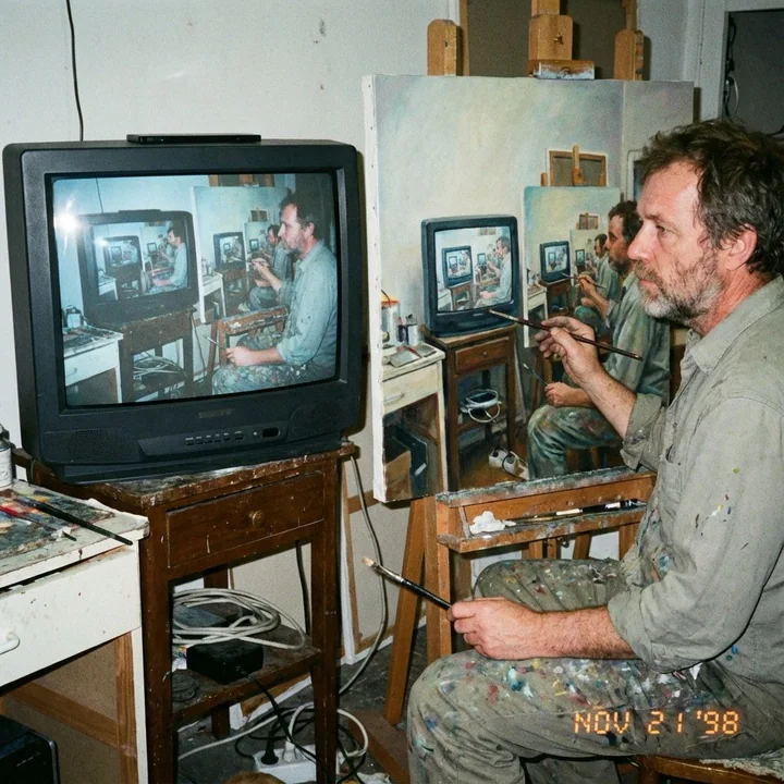 Le contenu de l'écran de télévision est copié sur une peinture à l'huile.