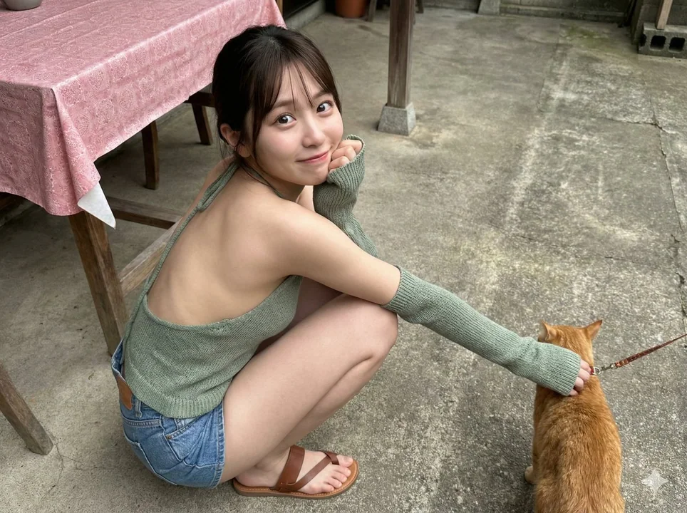 若いアジアの女性がコンクリートの庭に膝をつき座っている