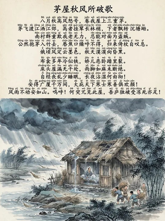 Song of the Thatched Cottage Broken by Autumn Wind Chinese and Pinyin Chart