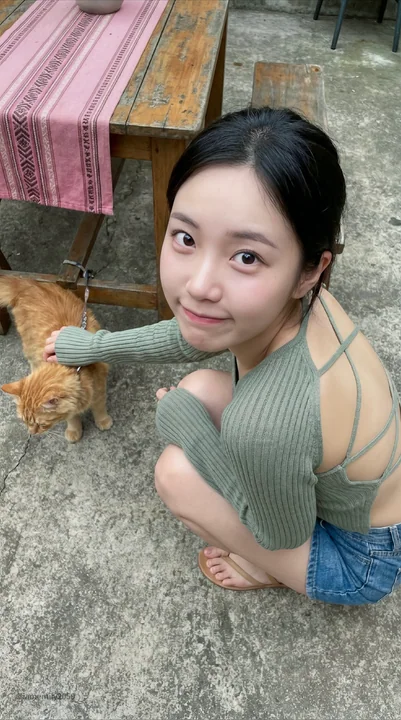 Une jeune femme asiatique s'assied en tailleur dans une cour pavée.
