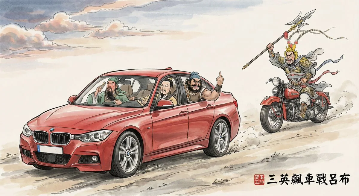Trois héros en course contre Lü Bu