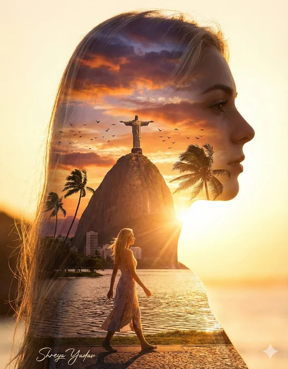 Double exposure au cinéma : le profil d'une blonde au rêve brésilien de Rio