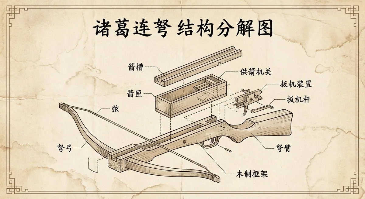 诸葛亮连弩的复古风格工程爆炸图