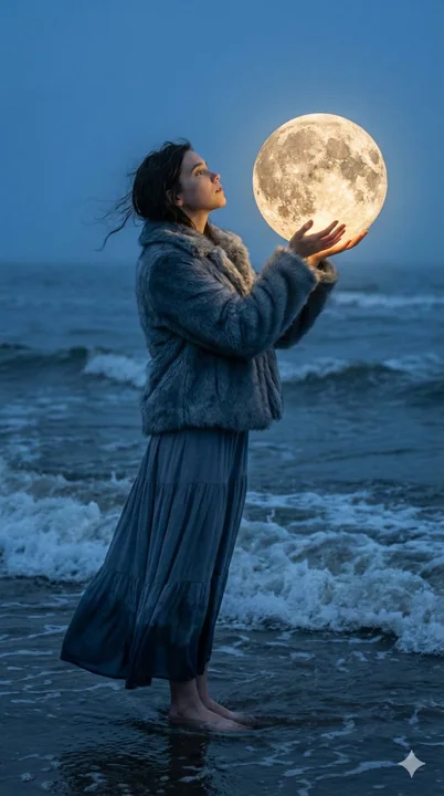 夕暮の海辺で夢幻の光月を手にした、儚くも美しい横顔