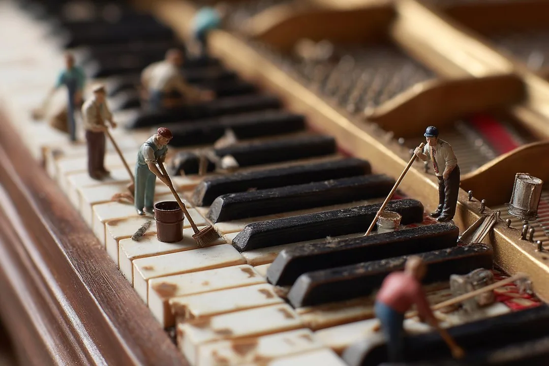 Little person cleaning the piano keys