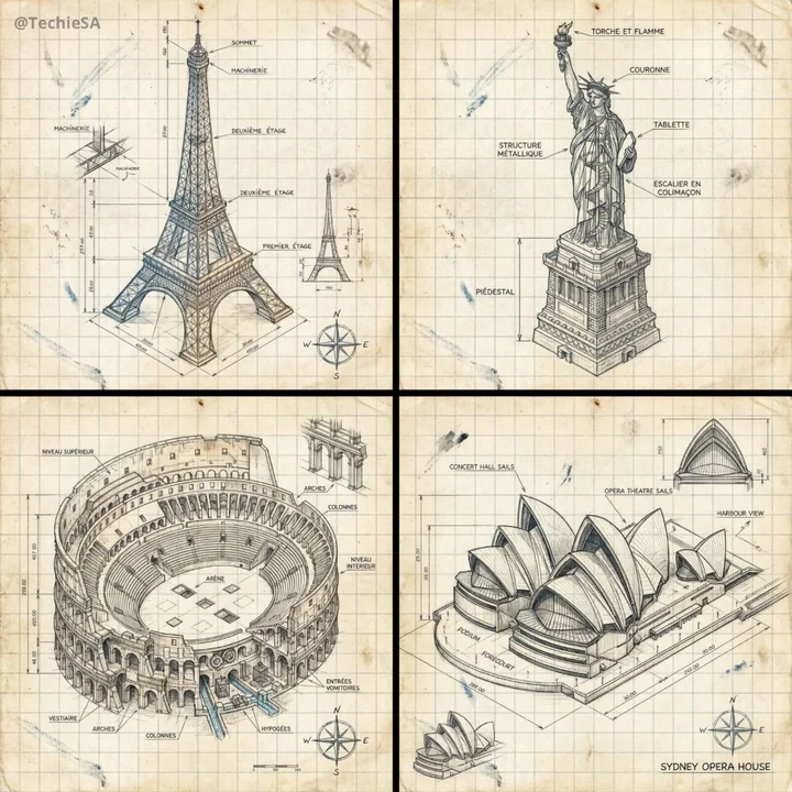 Hand-drawn isometric sketch of a landmark