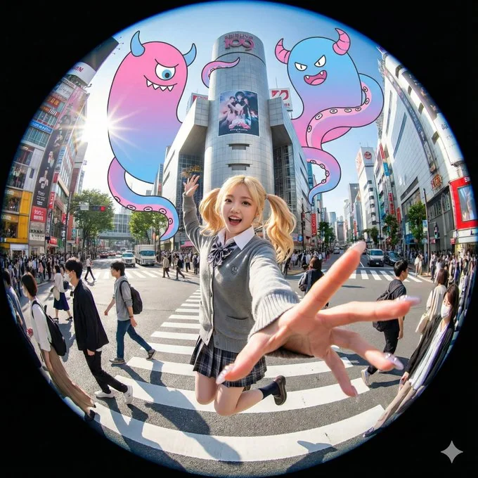The woman extends one hand exaggeratedly toward the camera.