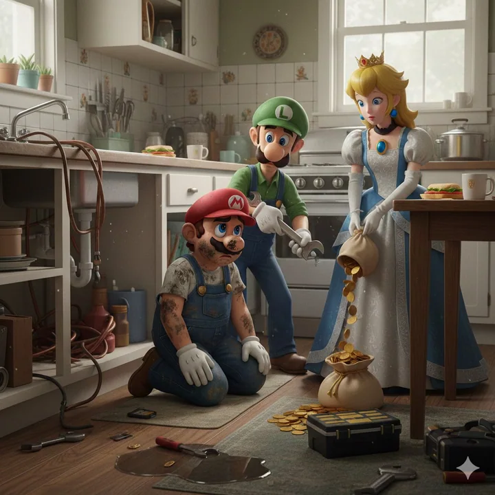 Mario et Luigi réparent la cuisine de Princess Peach.