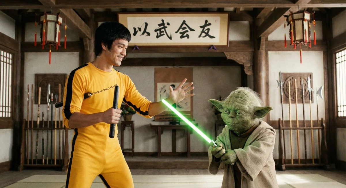 Bruce Lee et le Maître Yoda s'affrontent en duel de arts martiaux