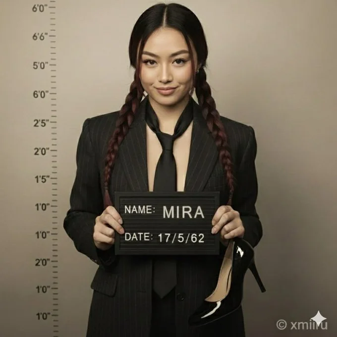 スーツを着た女性が容疑者写真のポーズを取っている
