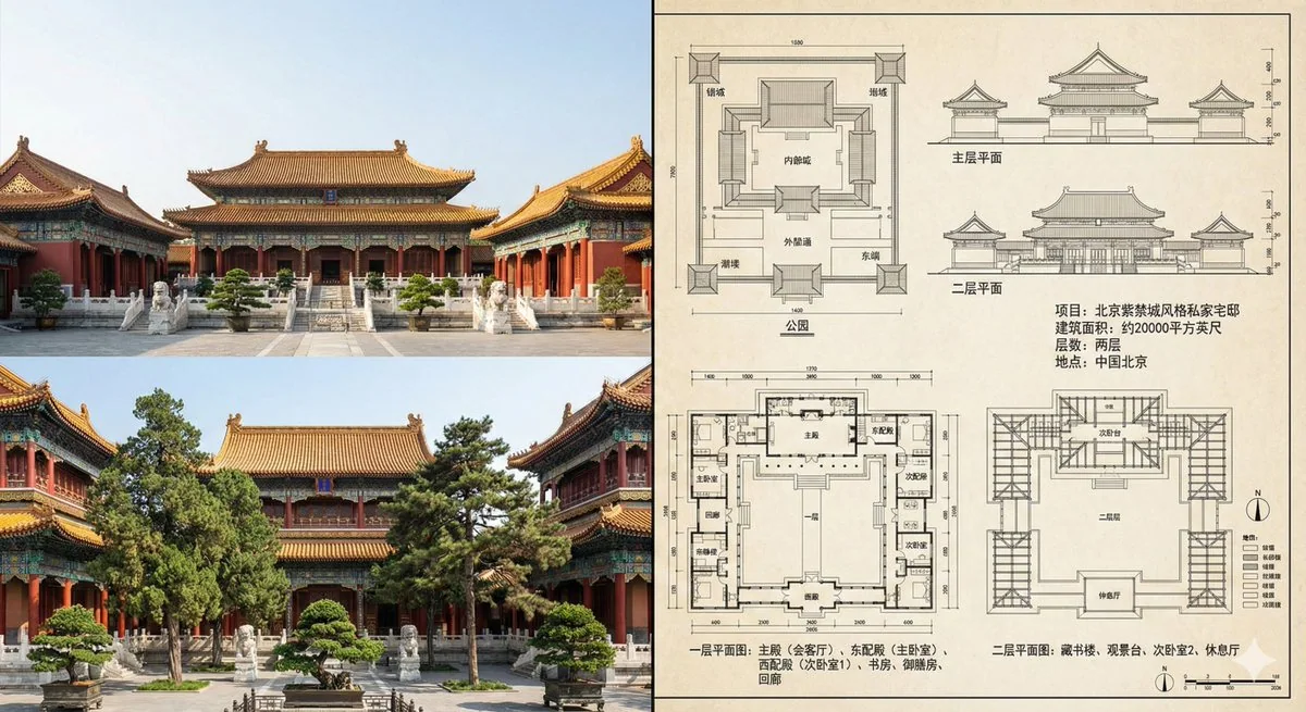 Photos of the Forbidden City buildings and design drawings