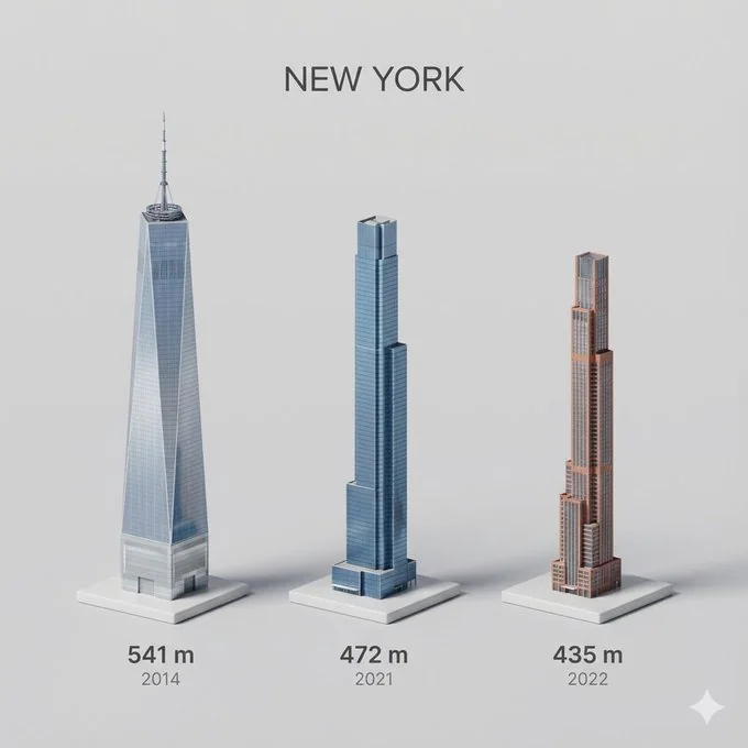 微缩3D卡通视图展示城市中最高的三座建筑物
