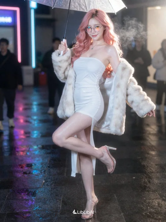 霓虹都市雨夜中展现极致魅惑的粉发超模