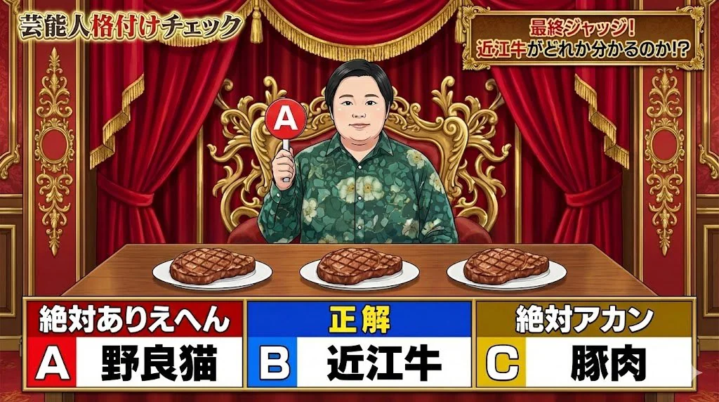 Anime-style variety show screenshot: luxurious studio identifies top-grade beef